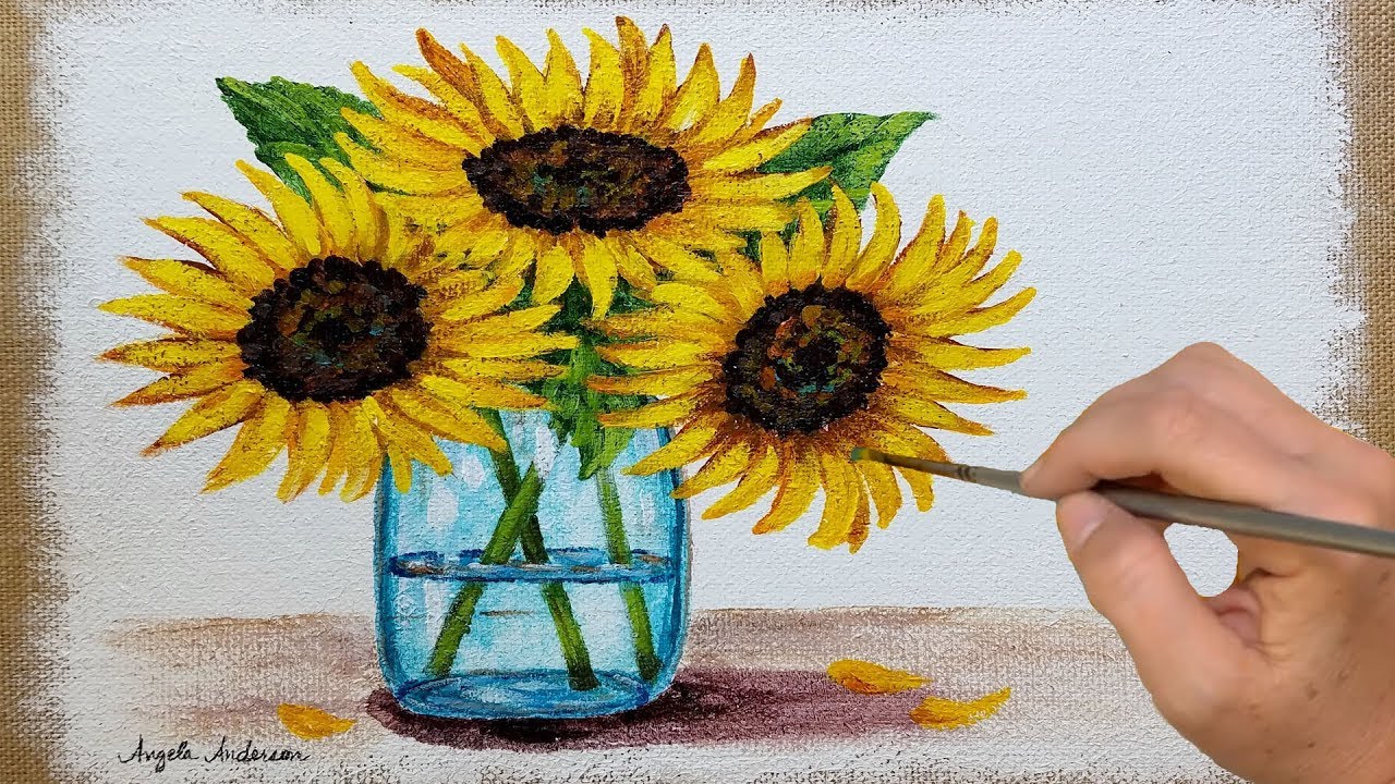 1280x720 Painting Sunflowers In A Mason Jar On Burlap Canvas Acrylic - Sunflower Canvas Painting