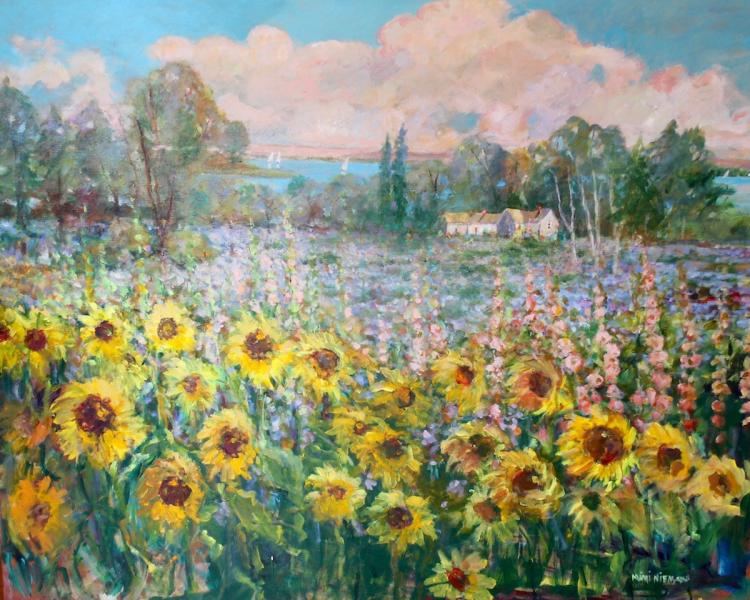 750x600 Mimi Nieman, Sunflower Fields In Leelanau, Original Oil Pain - Sunflower Field Painting