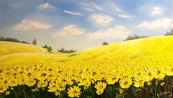 570x324 Sunflowers Field Painting Large Size Art Canvas Original Oil - Sunflower Field Painting