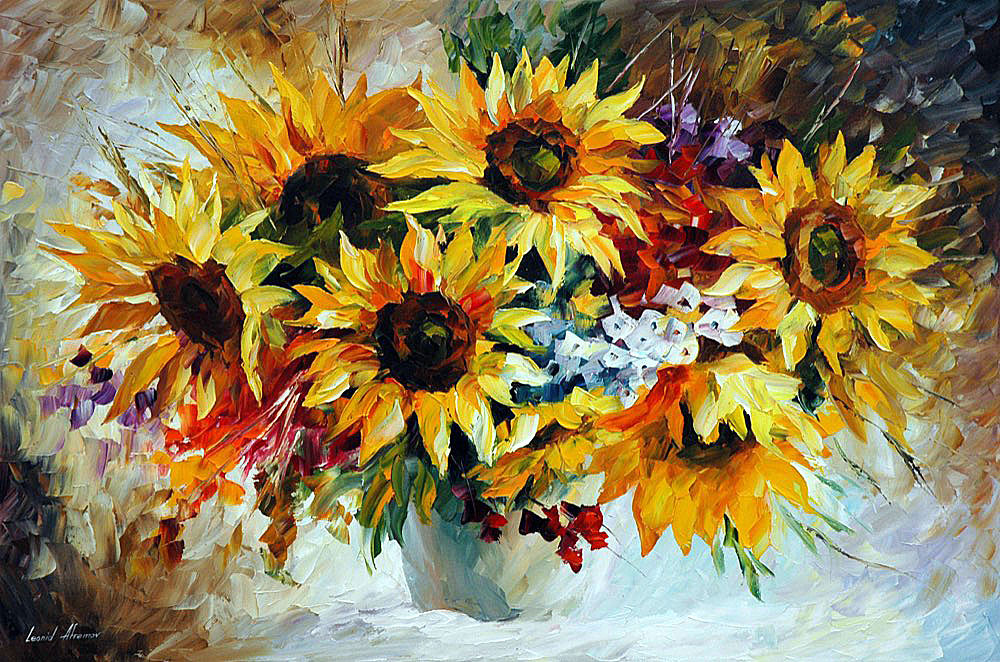 1000x662 Sunflowers 2 Palette Knife Oil Painting On Canvas By Leonid - Sunflower Oil Painting
