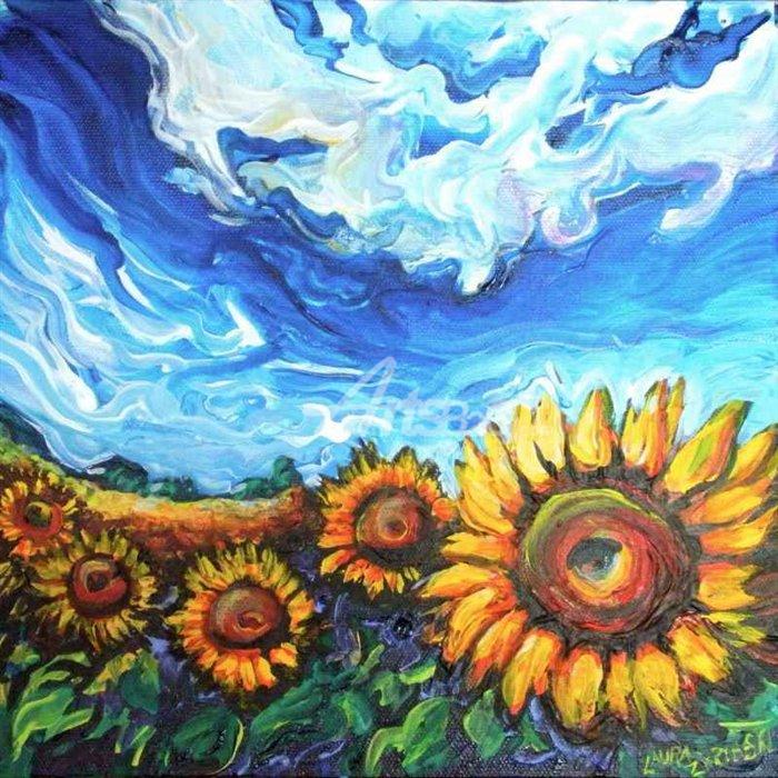 700x700 Starry Night And Sunflower Field Oil Painting - Sunflower Painting Images