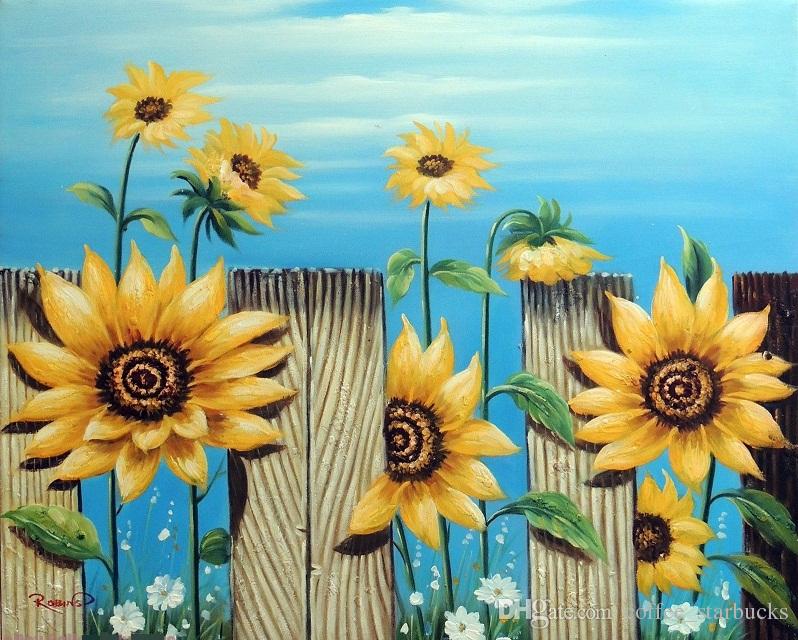 798x640 2018 Framed Sunflower Daisy Picket Fence Floral Art ,hand Painted - Sunflower Painting Images