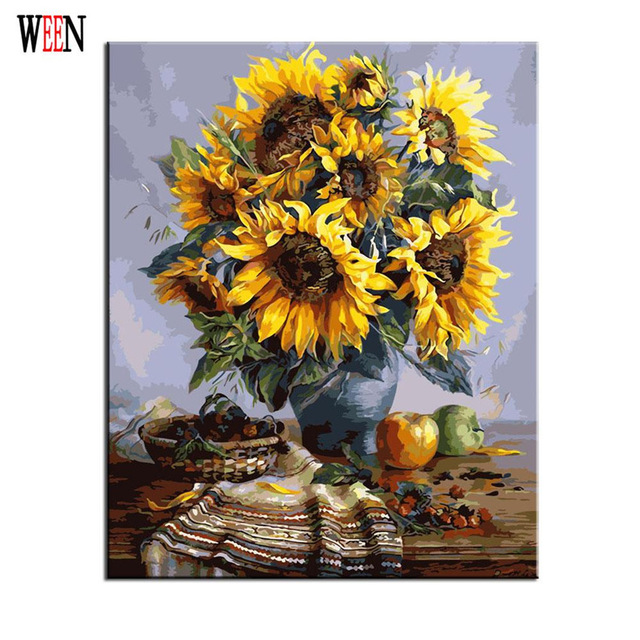 640x640 Sunflower Oli Painting Coloring By Numbers On Canvas Diy Hand - Sunflower Painting Images