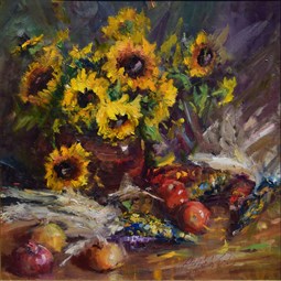 255x255 Sunflower Parade By Mary Dolph Wood Artcloud - Sunflower Painting On Wood