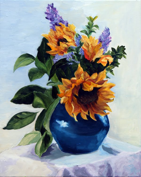 600x753 Painting Sunflowers In A Blue Vase By Kitty Moore, Cupertino - Sunflower Vase Painting