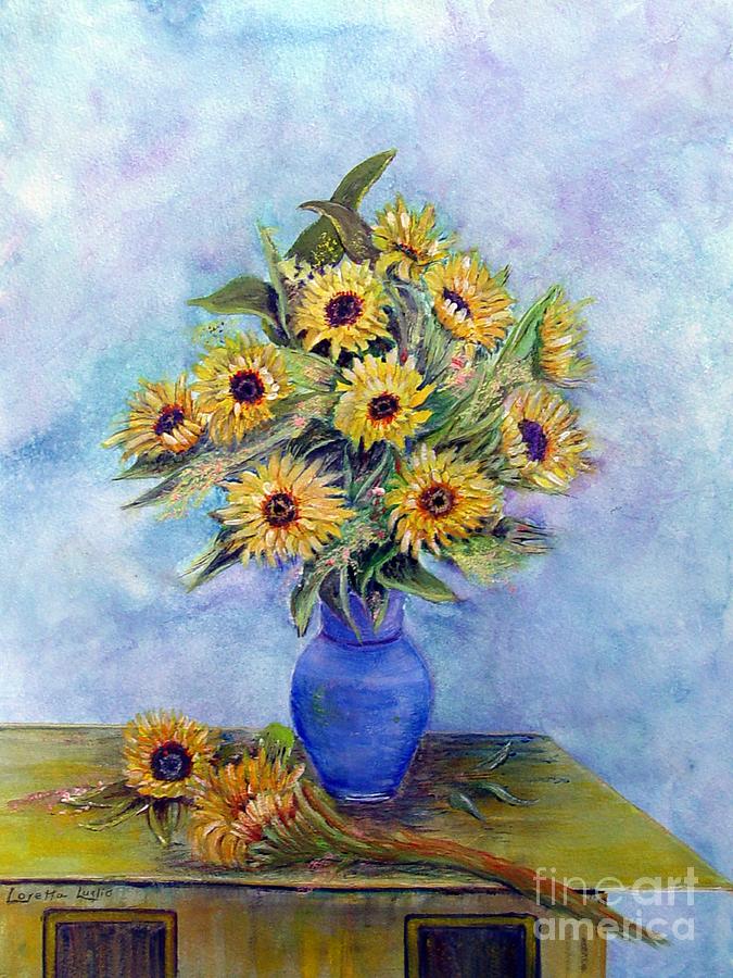 675x900 Sunflowers And Blue Vase Painting By Loretta Luglio - Sunflower Vase Painting