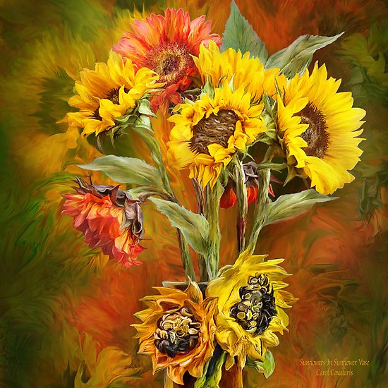 550x550 Sunflowers In Sunflower Vase Square Posters By Carol Cavalaris - Sunflower Vase Painting