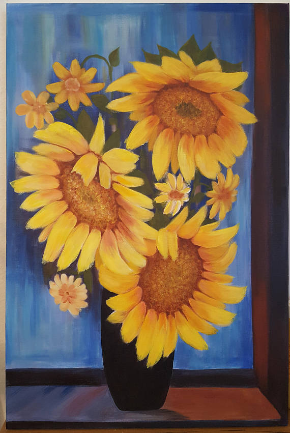 570x851 Sunflowers Painting Large Sunflowers In A Vase Painting - Sunflower Vase Painting
