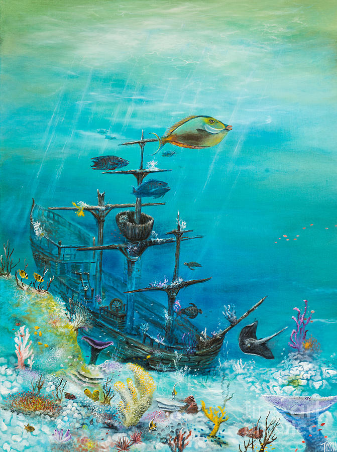 671x900 Sunken Ship Habitat Painting By John Garland Tyson - Sunken Ship Painting