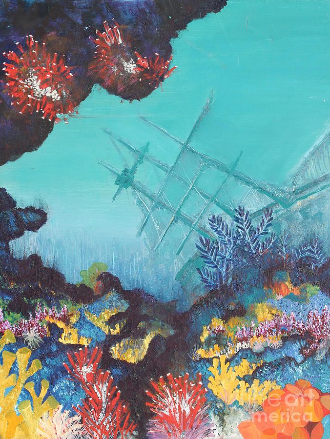 676x900 The Sunken Ship And The Reef By Stephanie Schuster - Sunken Ship Painting