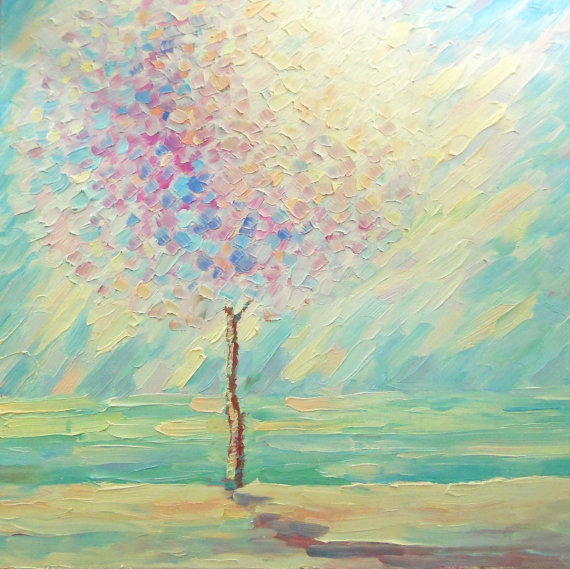 570x569 Oil Painting Sunny Day Tree On Seashore Original Handmade Wall - Sunny Day Painting