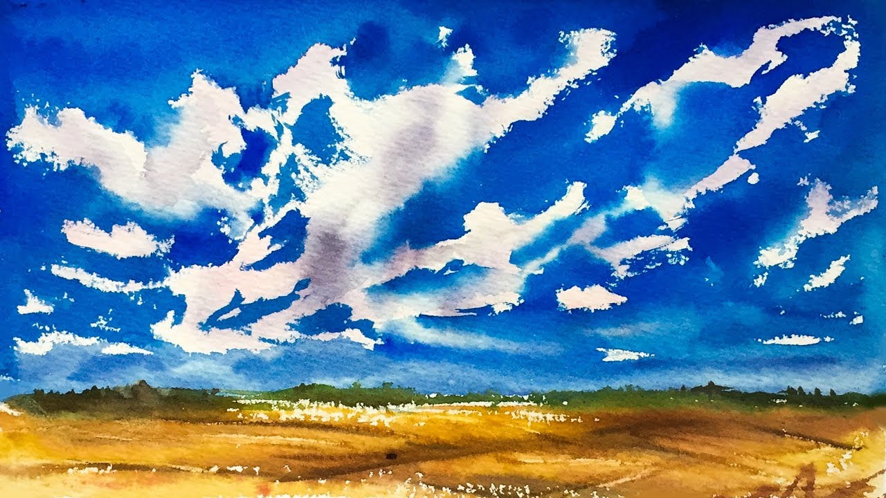 1280x720 Watercolor Sunny Day Clouds Painting - Sunny Day Painting