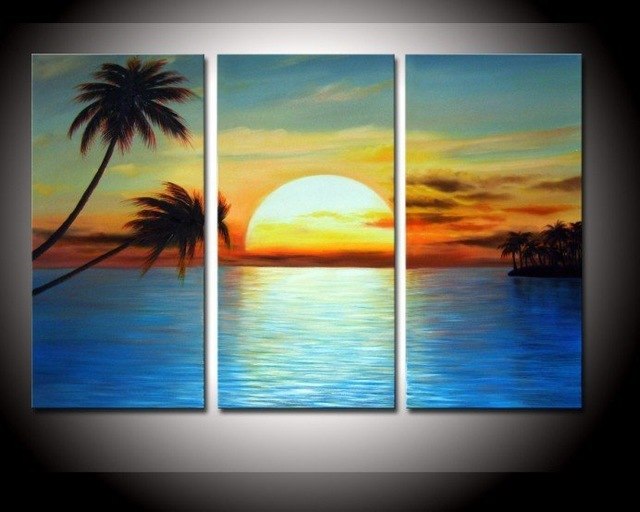640x512 Free Shipping 100%hand Painted Oil Painting Modern 3 Piece Sunrise - Sunrise Beach Painting