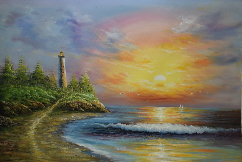 800x536 Handpainted Modern Beach Sea Wave Seascape Oil Painting On Canvas - Sunrise Beach Painting