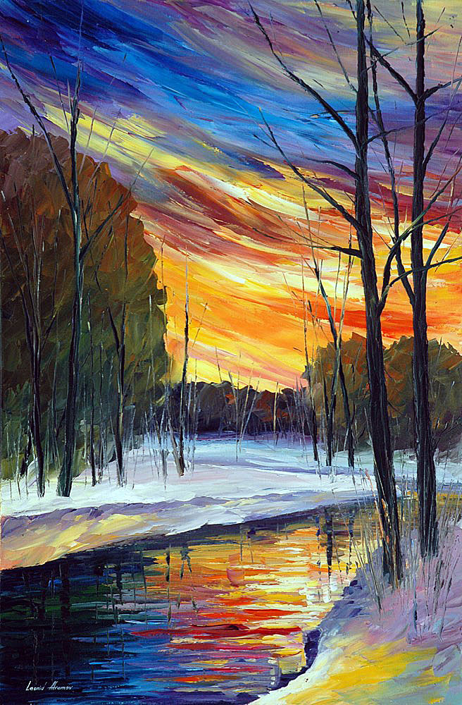 656x1000 Winter Sunrise Palette Knife Oil Painting On Canvas By Leonid - Sunrise Canvas Painting