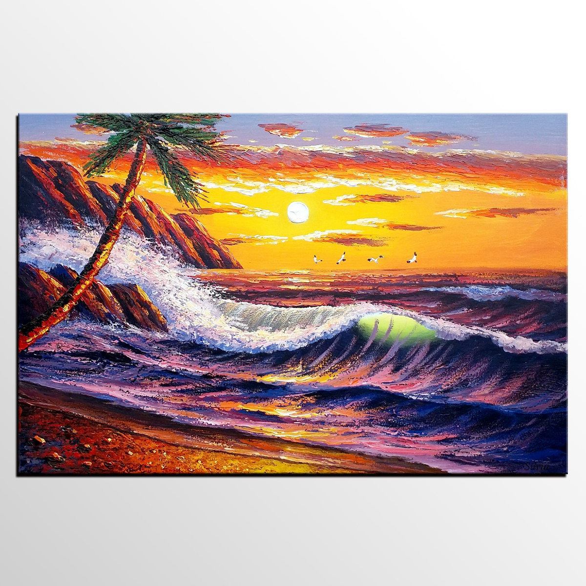 1200x1200 Palm Tree Painting, Seascape Painting, Original Wall Art, Canvas - Sunrise Painting