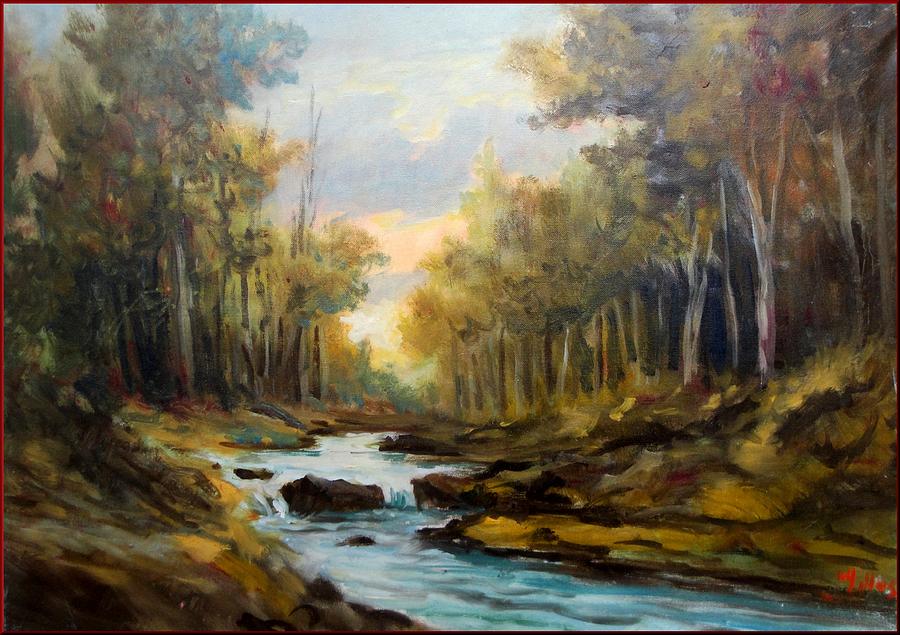 900x635 Sunset In The Forest Painting By Milluz - Sunset Forest Painting