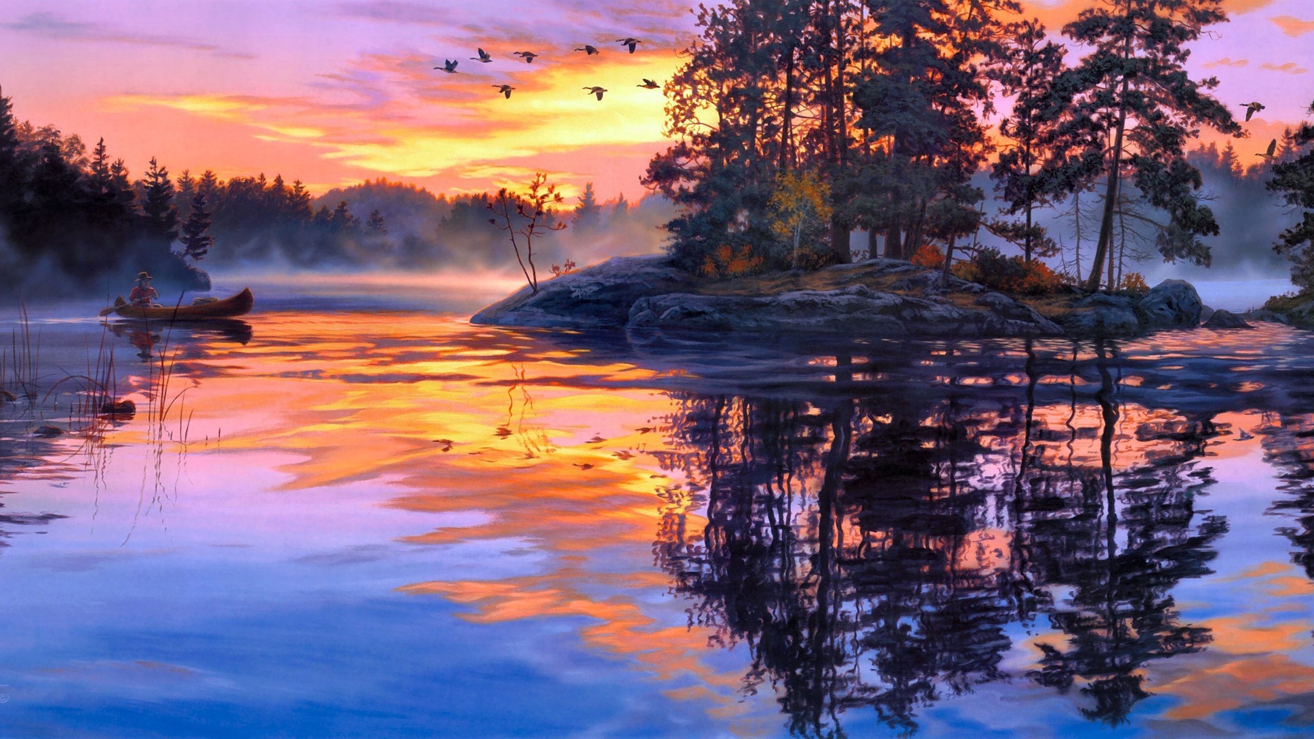 2560x1440 Wallpaper Art Painting, Twilight Scenery, Lake, Forest, Birds - Sunset Forest Painting