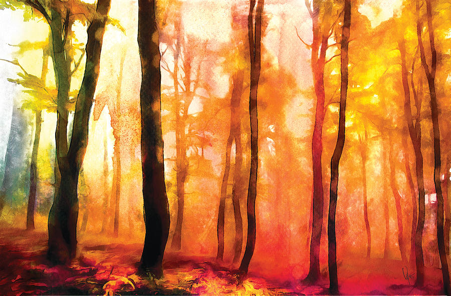 900x591 Water Color Forest Watercolor Sunset Landscape Print Landscape - Sunset Forest Painting