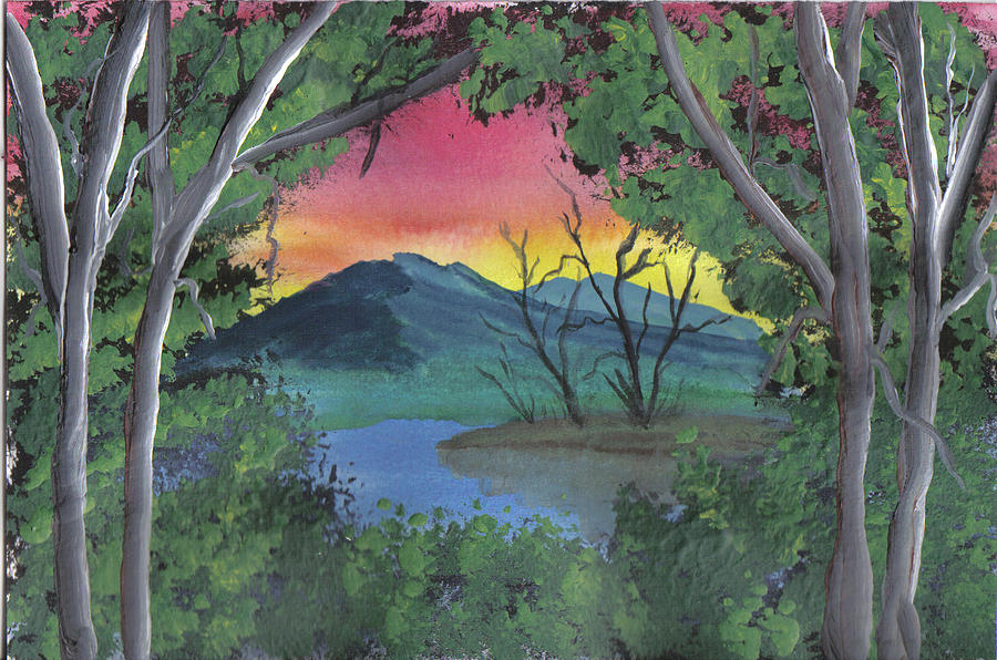 900x596 Forest Sunset Painting By Ellie Swofford - Sunset Forest Painting