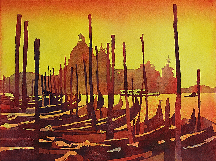 700x522 Watercolor Painting Of Gondola Boats On Piazza San Marco - Sunset In Venice Painting