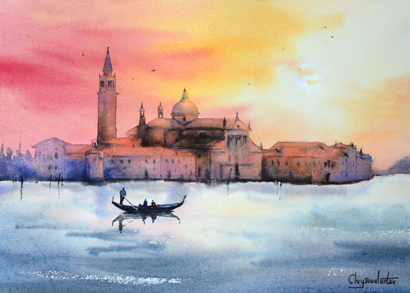 800x571 Venice Sunset Painting In Watercolor Chrysovalantou Mavroudis - Sunset In Venice Painting