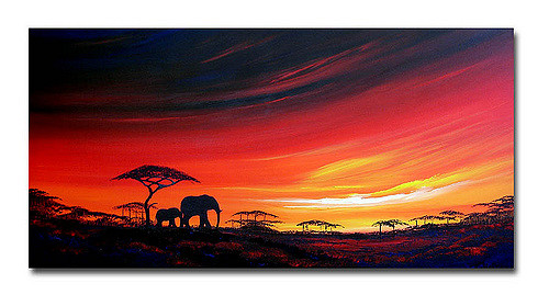 500x269 Elephant Sunset Too' African Sunsetlandscape Painting - Sunset Landscape Painting
