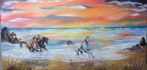 500x239 Judy Frenz Artist Fine Art Horses Running Free Painting - Sunset On Ocean Painting