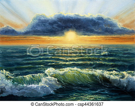 450x355 Original Oil Painting Of Ocean And Beach On Canvas.rich Golden - Sunset On Ocean Painting