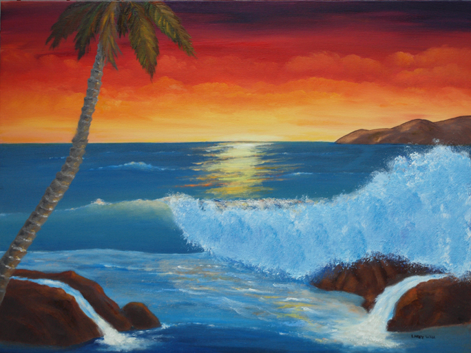 684x513 Tropical Sunset Wave Original Oil - Sunset On Ocean Painting