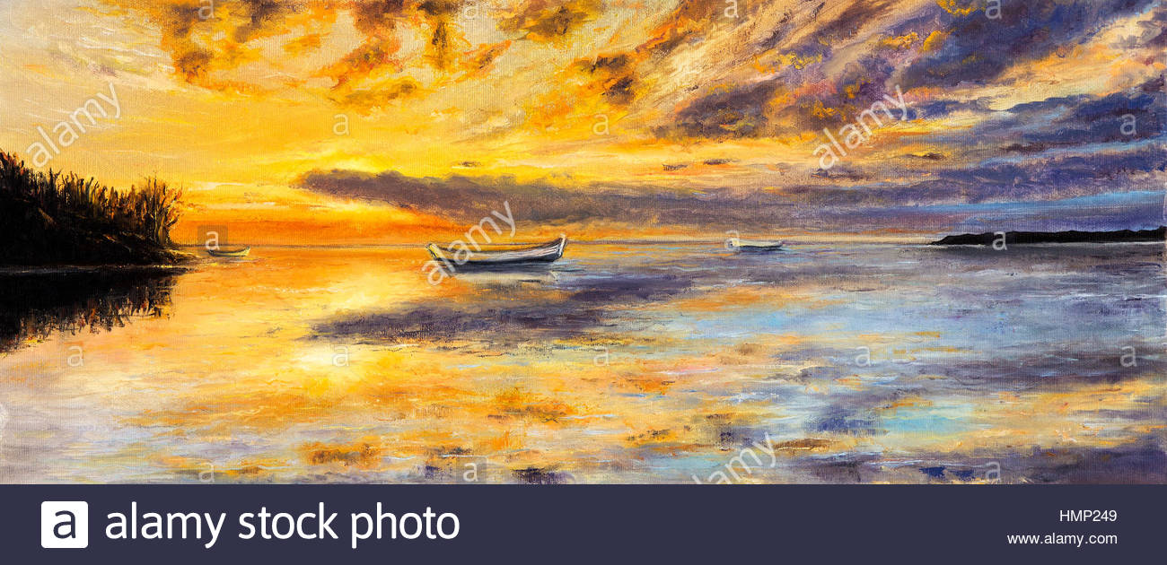 1300x630 Original Oil Painting Of Boat And Sea On Canvas. Rich Golden - Sunset Over Ocean Painting