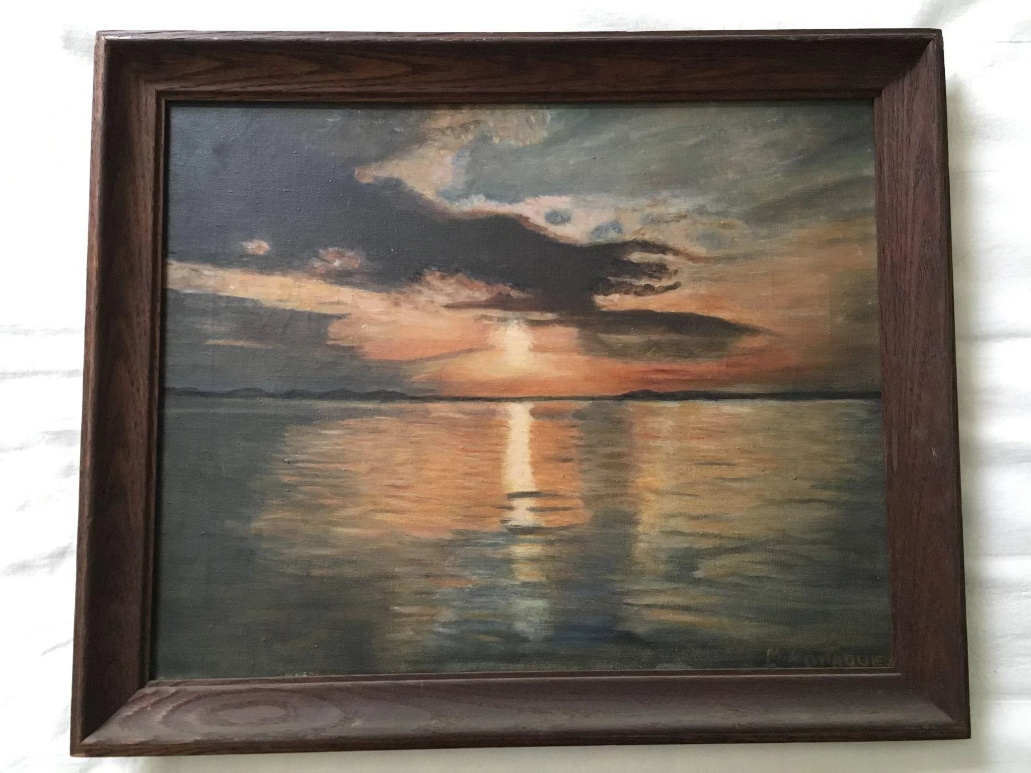 2048x1536 Lovely Old Sunset Over Water Seascape Oil Painting, Signed - Sunset Over Water Painting