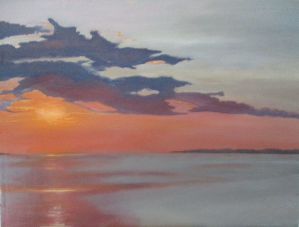 1000x760 Divisions, A Golden Sunset Over Water, Oil On Board. Sky Painter - Sunset Over Water Painting