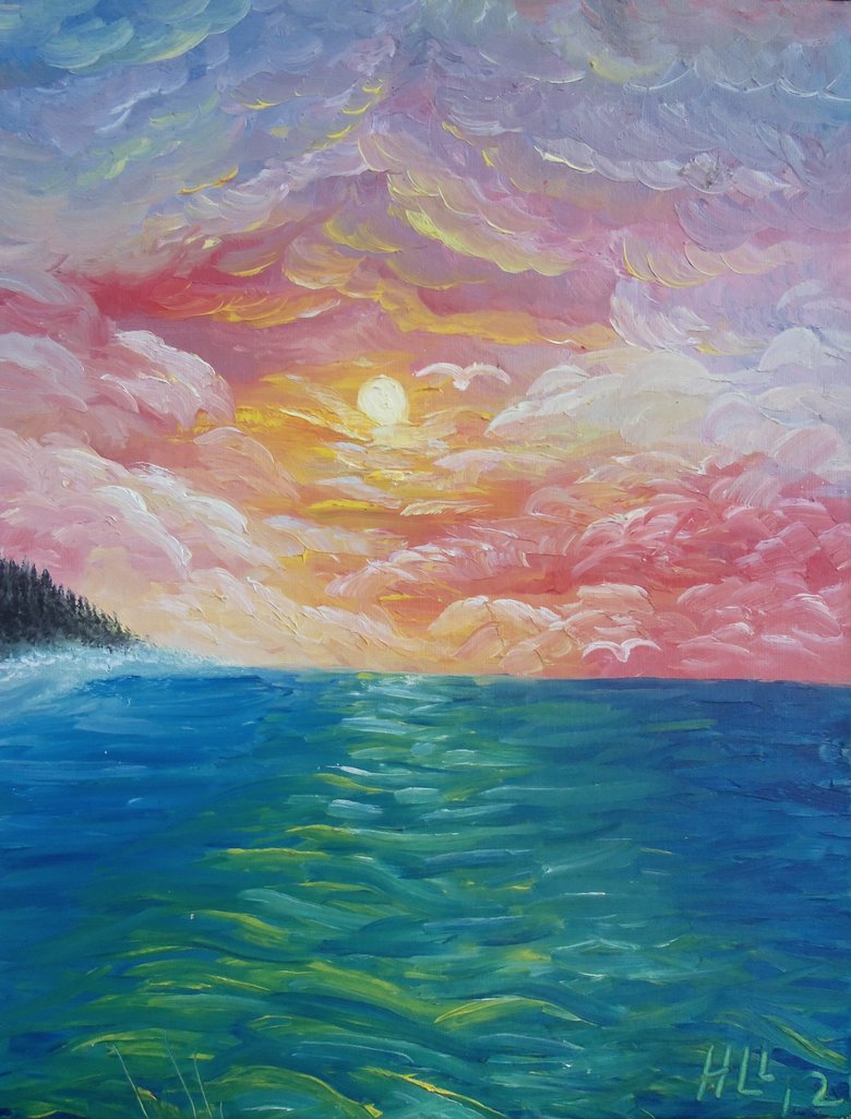 780x1025 Oil Sunset Over Water By Poess - Sunset Over Water Painting