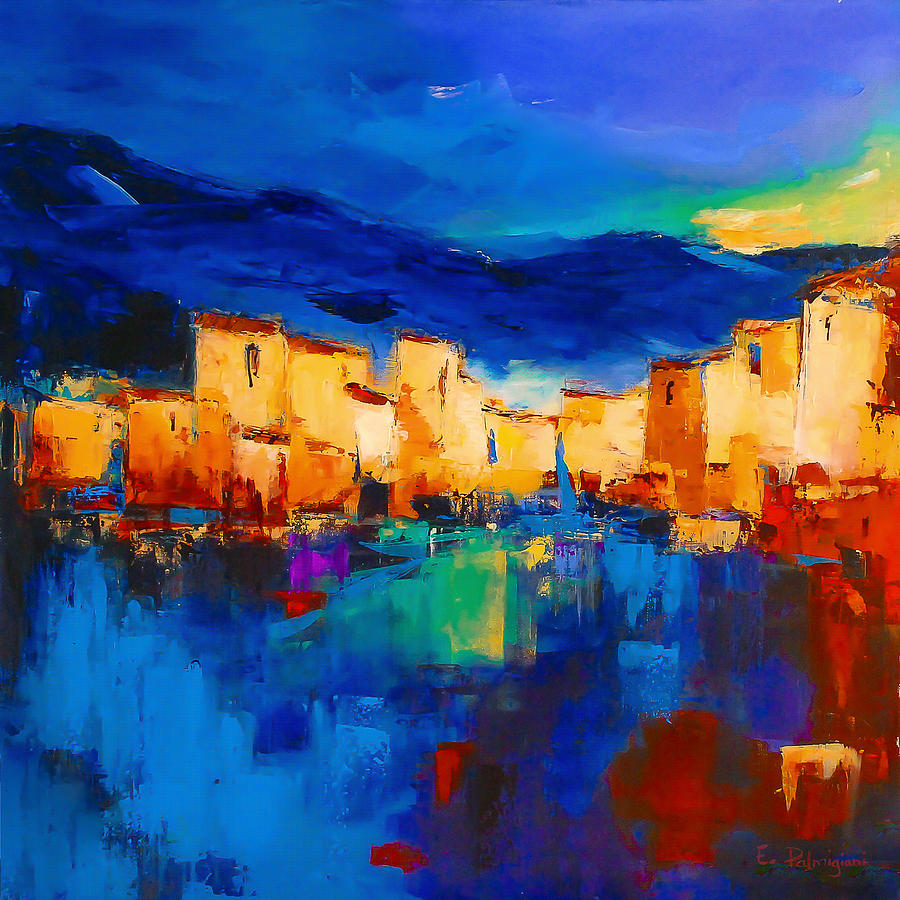 900x900 Sunset Over The Village Painting By Elise Palmigiani - Sunset Painting