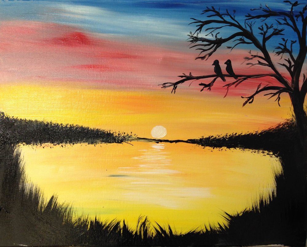 1000x804 Birds Over Sunset' Painting Squeeze Spot - Sunset Painting