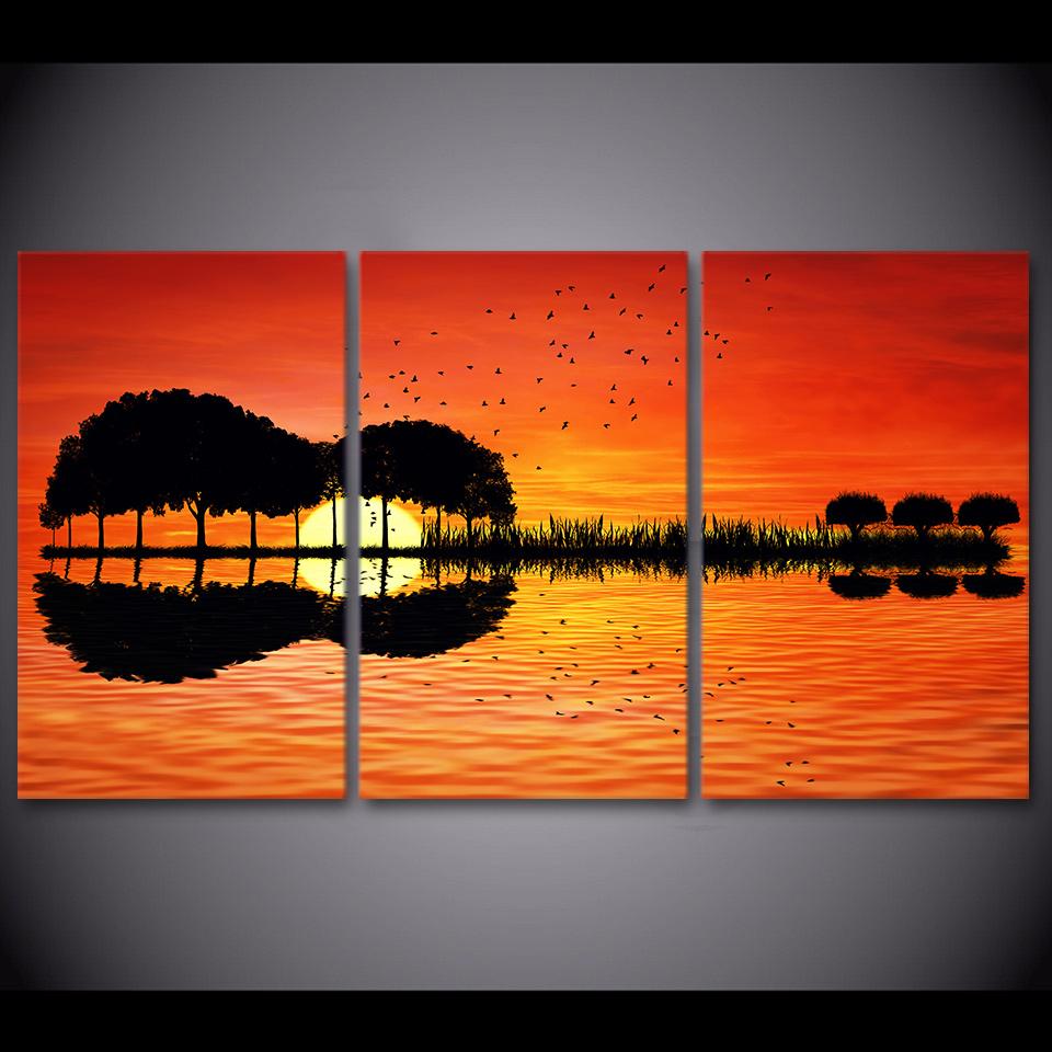 960x960 3 Piece Canvas Wall Art Hd Printed Guitar Tree Lake Sunset - Sunset Painting Images