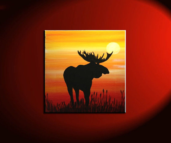 570x477 Male Moose Silhouette Painting Original Sunset Cattails - Sunset Silhouette Painting