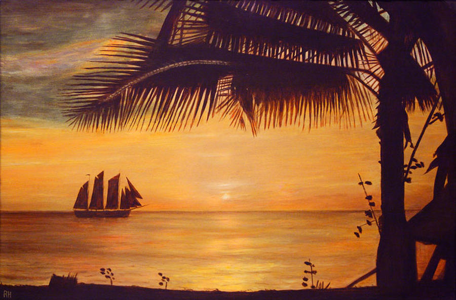 900x592 Sunset Silhouette Painting By Ronald Haber - Sunset Silhouette Painting