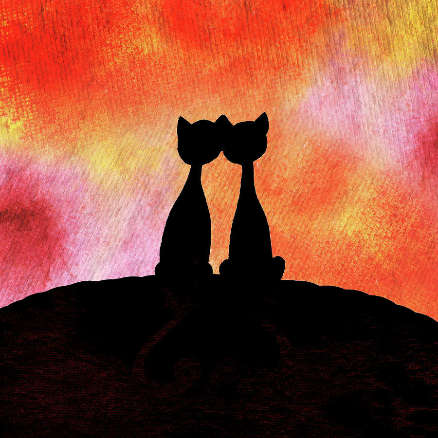 900x900 Two Cats And Sunset Silhouette Painting By Irina Sztukowski - Sunset Silhouette Painting