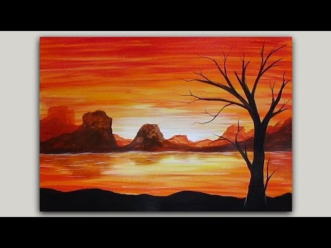 480x360 Acrylic Painting Volcano Island - Sunset Silhouette Painting