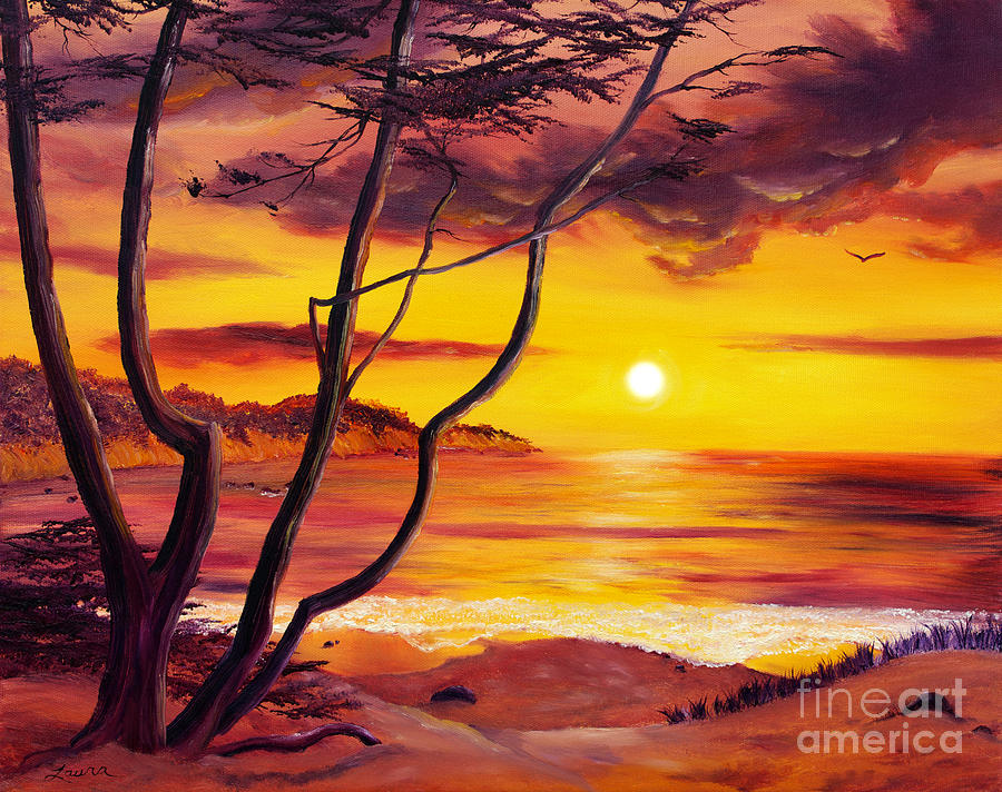900x712 Sunset From A Carmel Cypress Tree Painting By Laura Iverson - Sunset Tree Painting