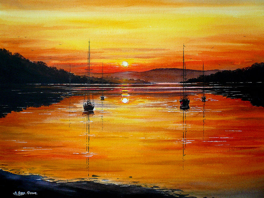 900x677 Watery Sunset At Bala Lake Painting By Andrew Read - Sunset Water Painting