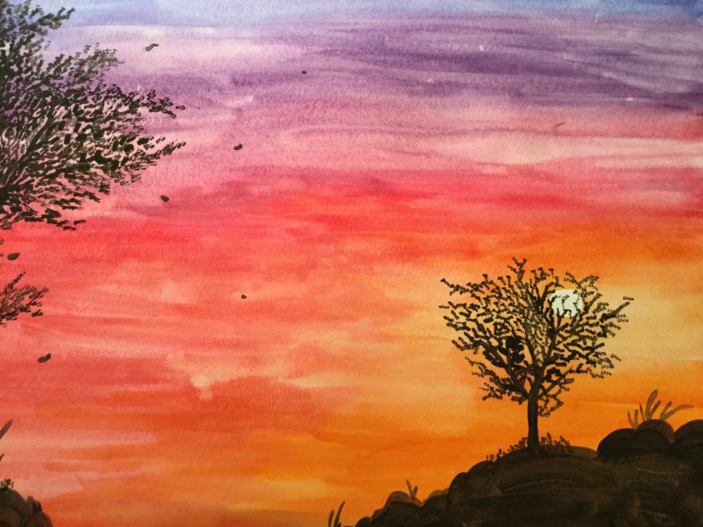 1024x768 Japanese Sunset Water Color Painting By Flarejut16 - Sunset Water Painting