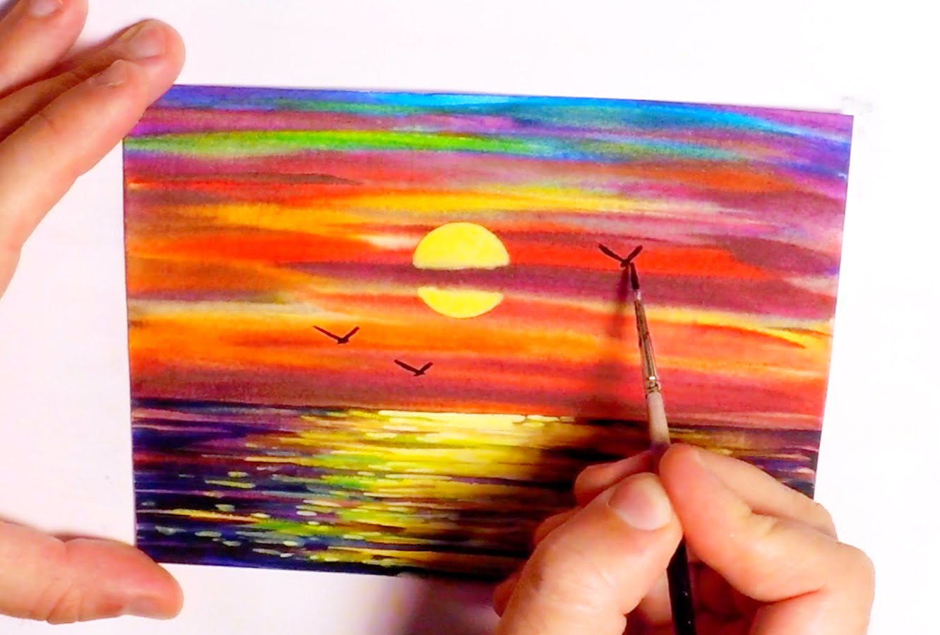 1331x899 How To Paint A Sunset With Seagulls In Watercolor - Sunset Watercolor Painting