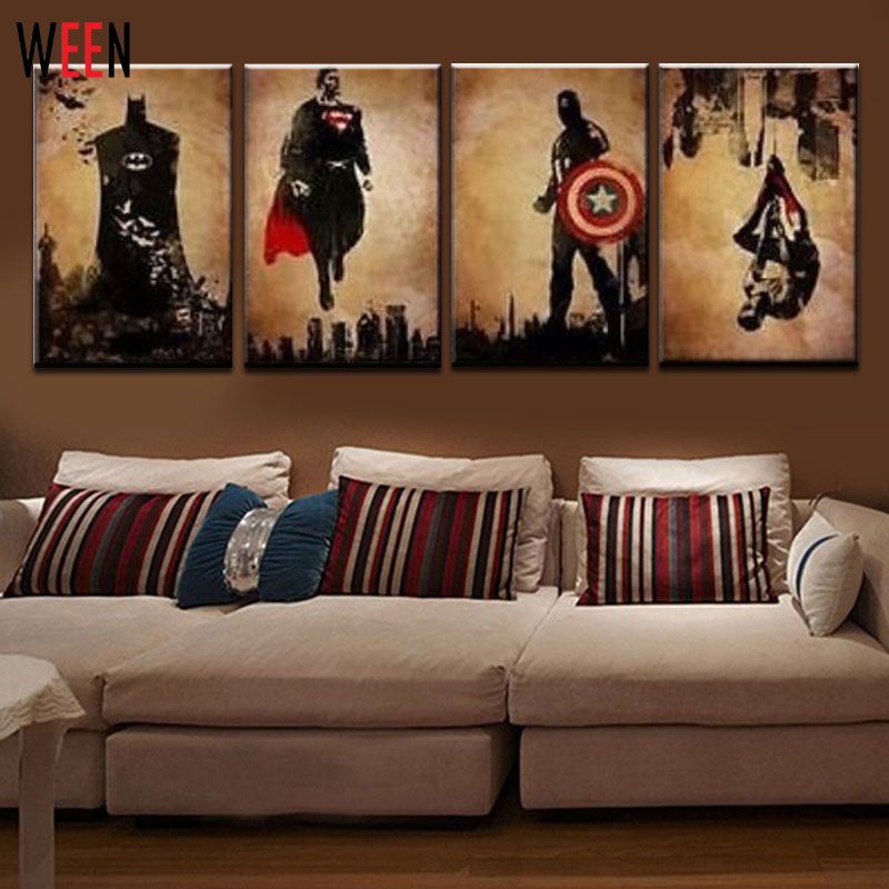 800x800 Wall Canvas Art 4 Pieces Superhero Hand Painted Canvas Oil - Superhero Canvas Painting