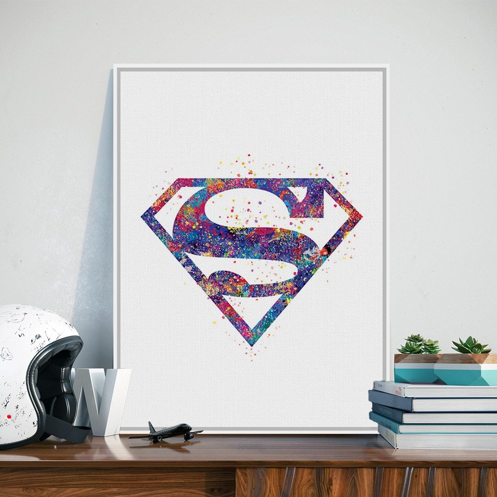 1000x1000 Watercolor Superman Logo Pop Movie Anime A4 Art Prints - Superman Logo Painting