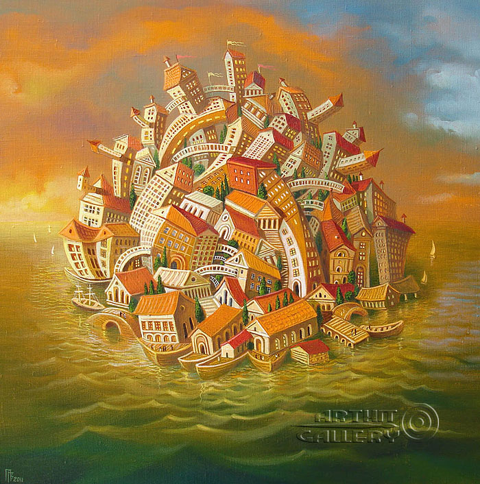 700x706 Oil Paintings For Sale. Surrealism. Surreal City On The Water - Surealism Painting