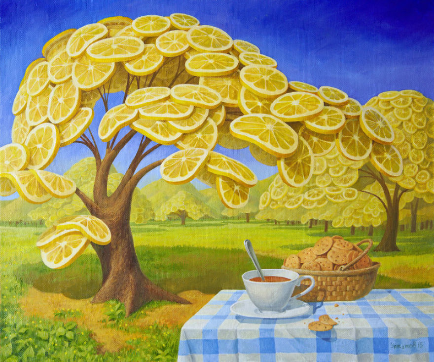 880x733 World Full Of Lemons By Surrealist Painter Vitaly Urzhumov Bored - Surealism Painting
