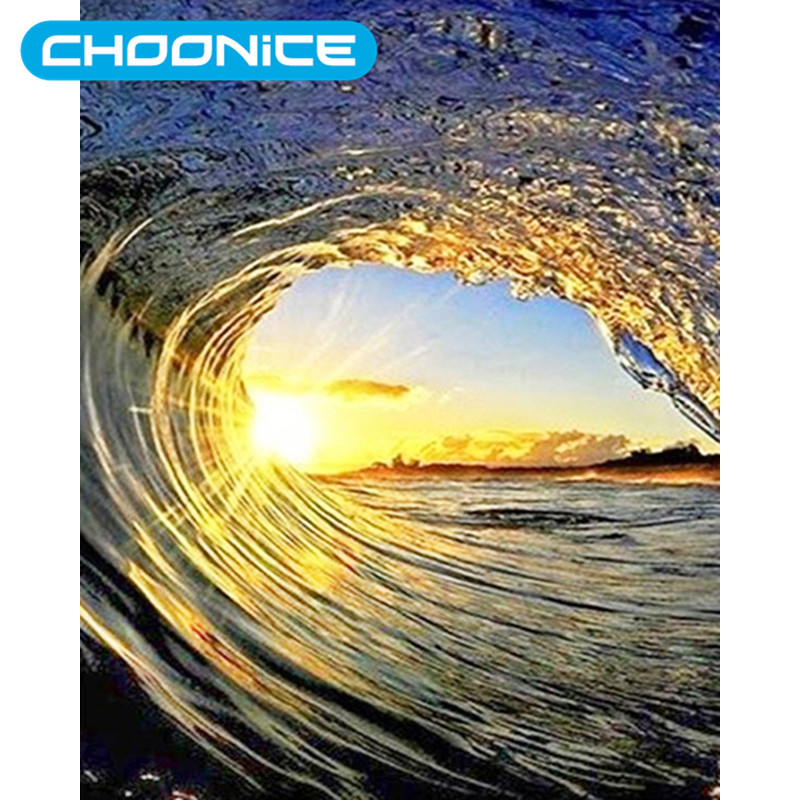 800x800 Diamond Painting Sunrise Surf Waves Circle Diy 3d Diamond - Surf Painting